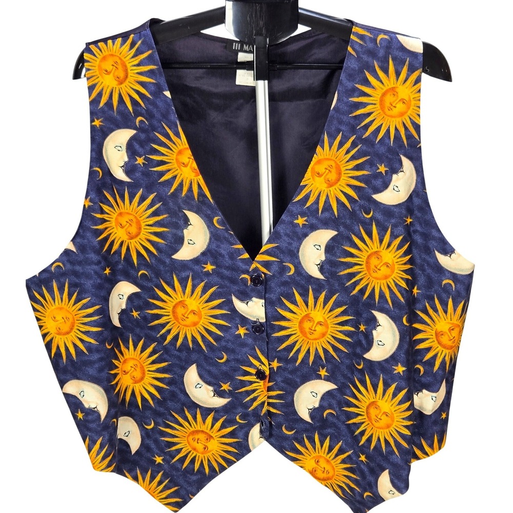 Women's Vintage 90s 2X Celestial Sun Moon Face Vest Whimsigoth Witchy Boho